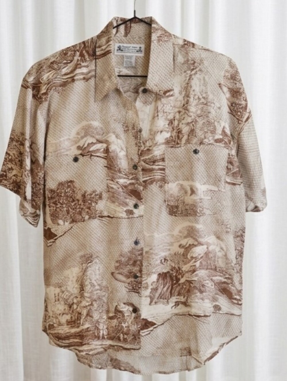 Whistles Beige and Brown Toile Print Short Sleeve 100% Silk Unisex Button Up.